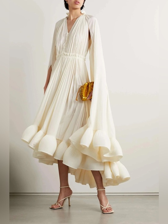 Alexis Dresses & Skirts - Ruffled midi dress with cape sleeves ivory NWOT